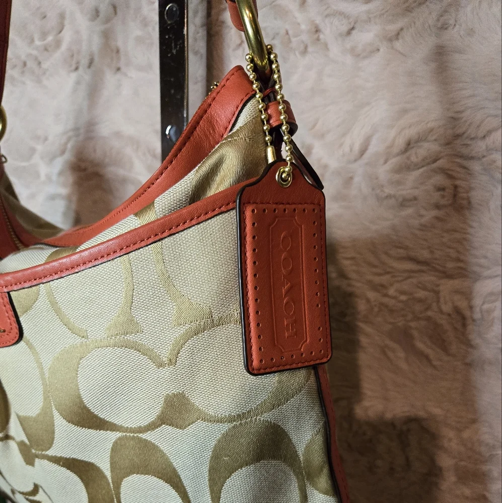 Coach Canvas and Leather Shoulder Bag Coral/Tan - Picture 2 of 5